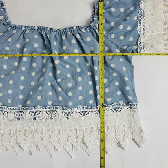 Iris Blue Crochet Crop Top Off Shoulder Womens Size S Boho Festival Polk Dot - Picture 5 of 7